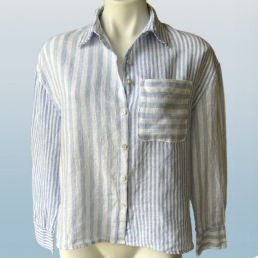 Nicole Miller New York Linen Mixed Stripe Button Down Top, S